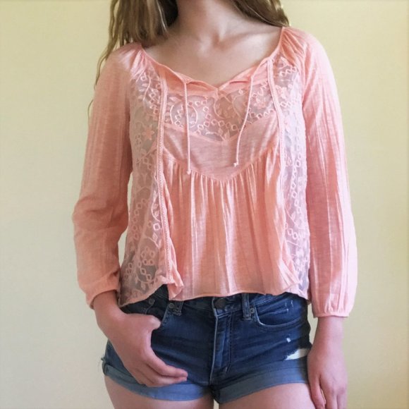 American Eagle Peach Semi-Sheer Lace Boho Top - Picture 1 of 8